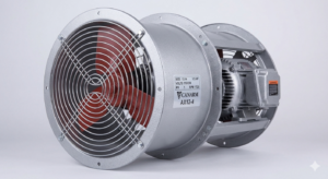 Gemini said An industrial-style photograph of a silver, metallic axial explosion-proof fan against a plain white background. The fan is encased in a heavy-duty cylindrical steel housing with a circular mounting flange