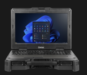 Front view of the Getac X600 Fully Rugged 15.6-inch Windows laptop, open and displaying the Windows 11 start menu on screen. The laptop has a robust, black design with reinforced corners, built-in handle, and a durable keyboard suitable for extreme environments.