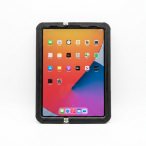 Front view of Xciel intrinsically safe iPad enclosure designed for hazardous locations, featuring rugged protective housing and full touchscreen accessibility for industrial environments.