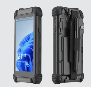 Front and rear view of the C1D2 Rugged Windows Tablet 6" – DT362DH, featuring a 2K sunlight-readable display, reinforced corners, rear hand strap with stylus holder, and rugged black casing for hazardous industrial environments