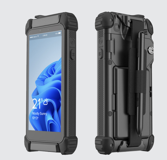Front and rear view of the C1D2 Rugged Windows Tablet 6" – DT362DH, featuring a 2K sunlight-readable display, reinforced corners, rear hand strap with stylus holder, and rugged black casing for hazardous industrial environments