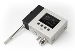 Vaisala HMT370EX intrinsically safe humidity and temperature transmitter with stainless steel probe, digital display, and rugged industrial housing, designed for use in hazardous environments.