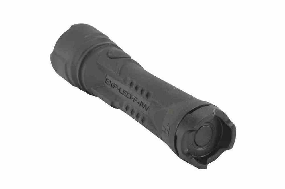 Black explosion proof LED flashlight with a red lens, designed for hazardous environments such as marine or industrial settings.