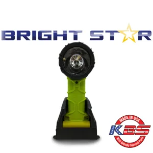 Responder Pro Right Angle LED Rechargeable Flashlight by KBS Innovations in high-visibility green, featuring a durable nylon body, oversized pushbutton switch, and right-angle design for hands-free use in hazardous environments