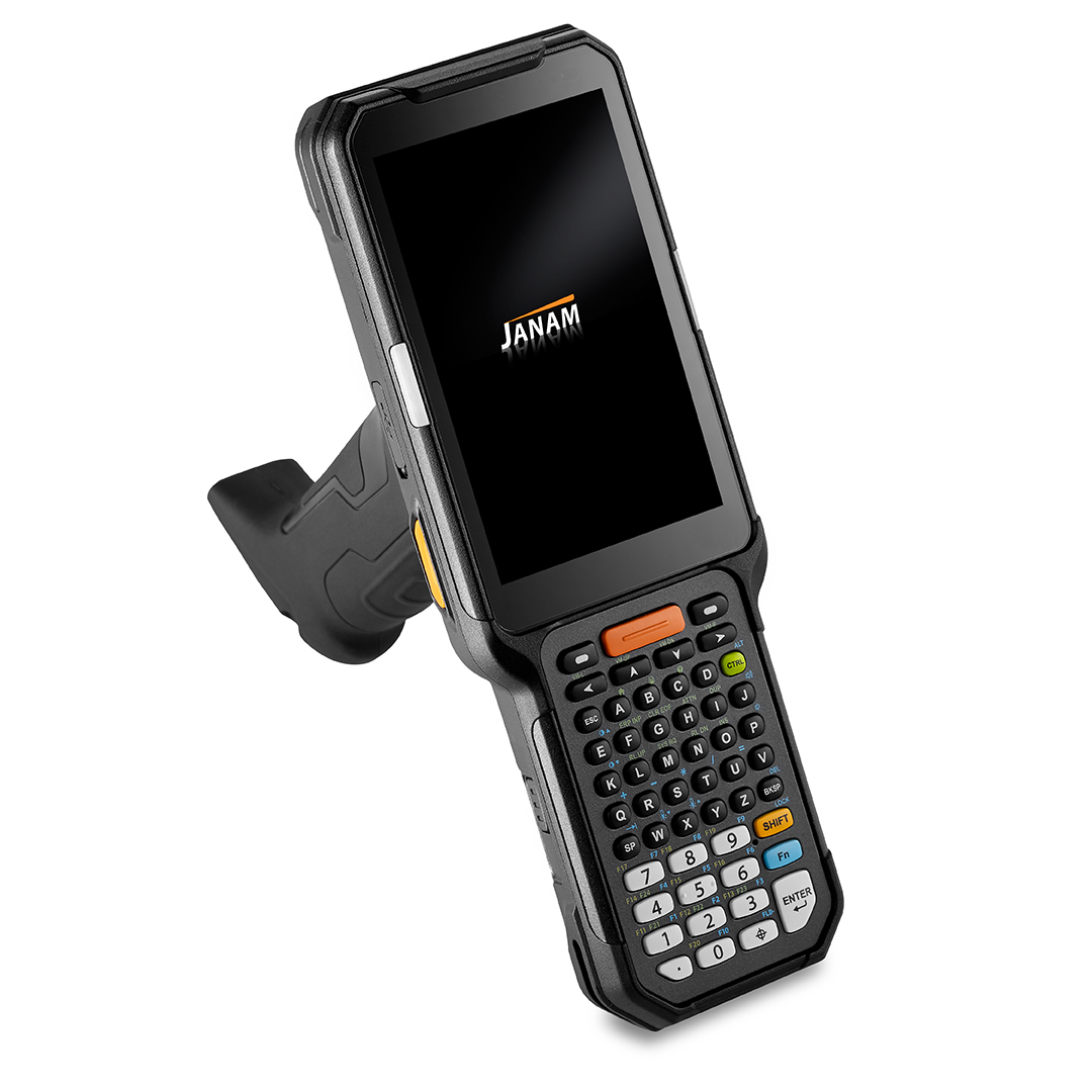 Janam XG4 rugged Android mobile computer with pistol-grip design, physical keypad, touchscreen display, and industrial-grade housing for warehouse and field operations.