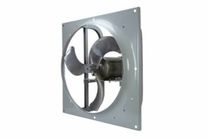 Side view of Larson 36‑inch explosion‑proof high‑volume ventilation fan: spark‑resistant cast‑aluminum blades within a grey steel square housing, explosion‑proof 1.5 HP motor mounted behind