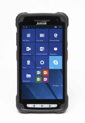 Janam XT2 Advanced rugged handheld computer with Windows OS, featuring integrated RFID reader, barcode scanner, GSM connectivity, and optional magnetic stripe reader (MSR). The device has a 5-inch touchscreen and is built for industrial field use