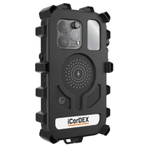 iCorDEX XARMOR™ 14PMx-3 ATEX Certified iPhone® 14 ProMax Case – Zone 2/22 intrinsically safe case with wireless charging, flash tunnel, audio skins, and 4m drop-tested offshore compliance