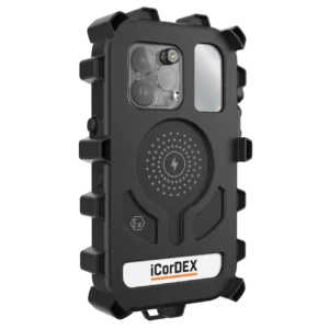 iCorDEX XARMOR™ 15PMx-3 ATEX Certified iPhone® 15 ProMax Case – Zone 2/22 intrinsically safe case with wireless charging, flash tunnel, audio skins, and 4m drop-tested offshore compliance