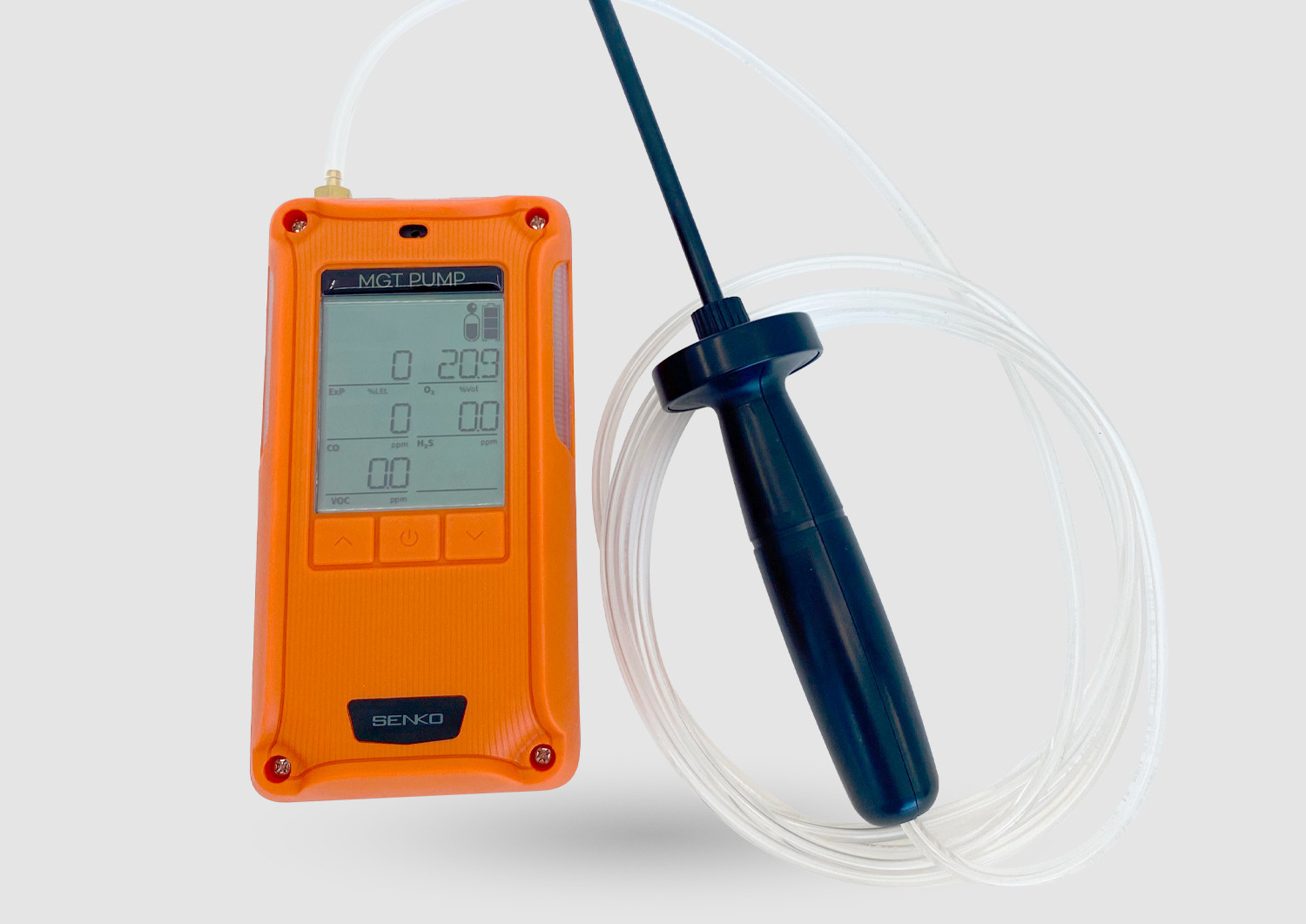 Senko SP-MGTP orange portable multi-gas detector with pump and sampling probe showing LCD display, for detection of multiple gases in industrial hazardous environments