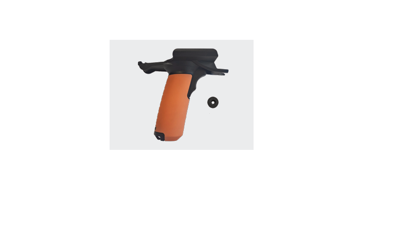 BARTEC Scan Handle for SC9EX1 Smartscanner – ergonomic orange and black ATEX-certified handle accessory with adaptor button for hazardous area barcode scanning.