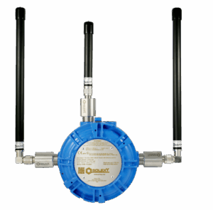 Solexy SWA/SWS-R Explosion Proof 5G RedCap Cellular Router and Wi-Fi Access Point in blue aluminum enclosure, ATEX IECEx Class 1 Division 1 certified for hazardous industrial environments such as oil and gas, chemical, and mining sites
