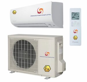 Atexxo ATEX Zone 2 Explosion Proof Split Air Conditioner with indoor wall unit, outdoor condenser, and explosion-proof remote controller for hazardous areas