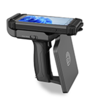 DT Research rugged 6-inch Windows tablet shown with optional pistol grip accessory for industrial barcode scanning