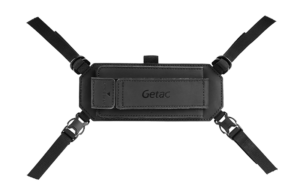 GETAC F110G7 rotating hand strap with integrated kickstand mounted on the back of a GETAC F110 rugged tablet, providing secure grip and hands-free viewing for industrial and field operations.