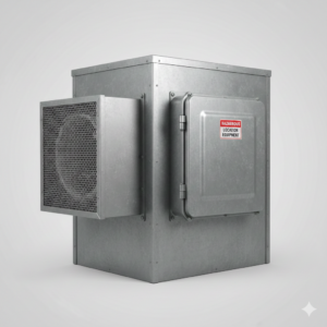 Bebco HVAC 1.5 Ton Wall Mount Air Conditioner for Class I Division 1 hazardous locations, featuring a NEMA 7 explosion-proof enclosure and corrosion-resistant galvanized steel housing for oil and gas applications