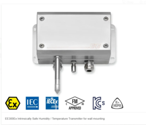 EE300Ex intrinsically safe humidity and temperature transmitter with a rugged stainless steel industrial enclosure, featuring a wall-mount sensing probe and optional digital LCD display showing real-time environmental data