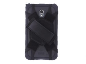 Close-up view of the ecom HA T05 X2R black industrial hand strap featuring a central 360-degree rotating circular hub and an adjustable fabric strap with reinforced stitching.