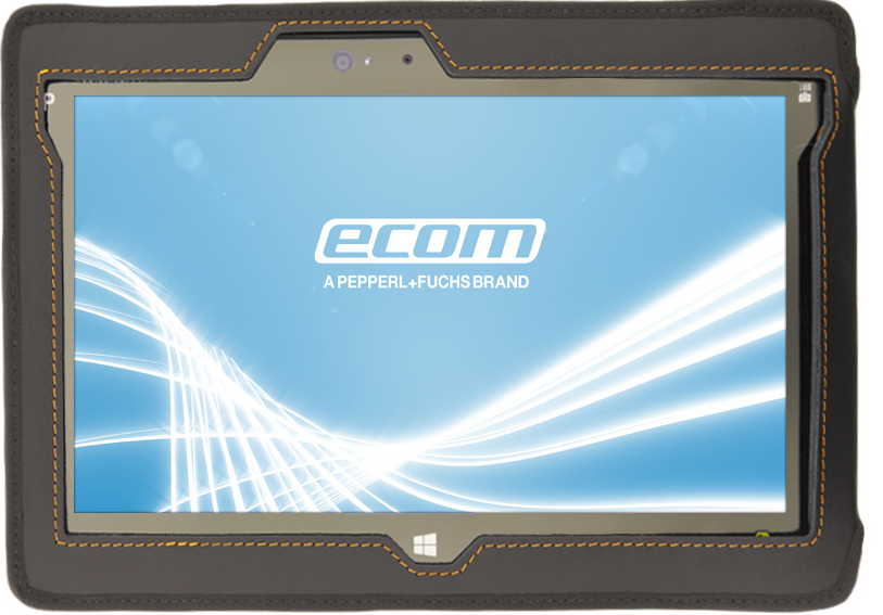 Black rugged leather case for ECOM Pad-Ex 01 tablet, featuring reinforced corners and an adjustable back hand strap