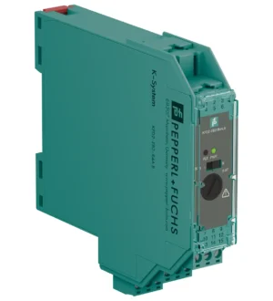 Pepperl+Fuchs KFD2-EB2.R4A.B redundant power feed module, showing its signature teal industrial housing and slim DIN-rail mountable form factor.