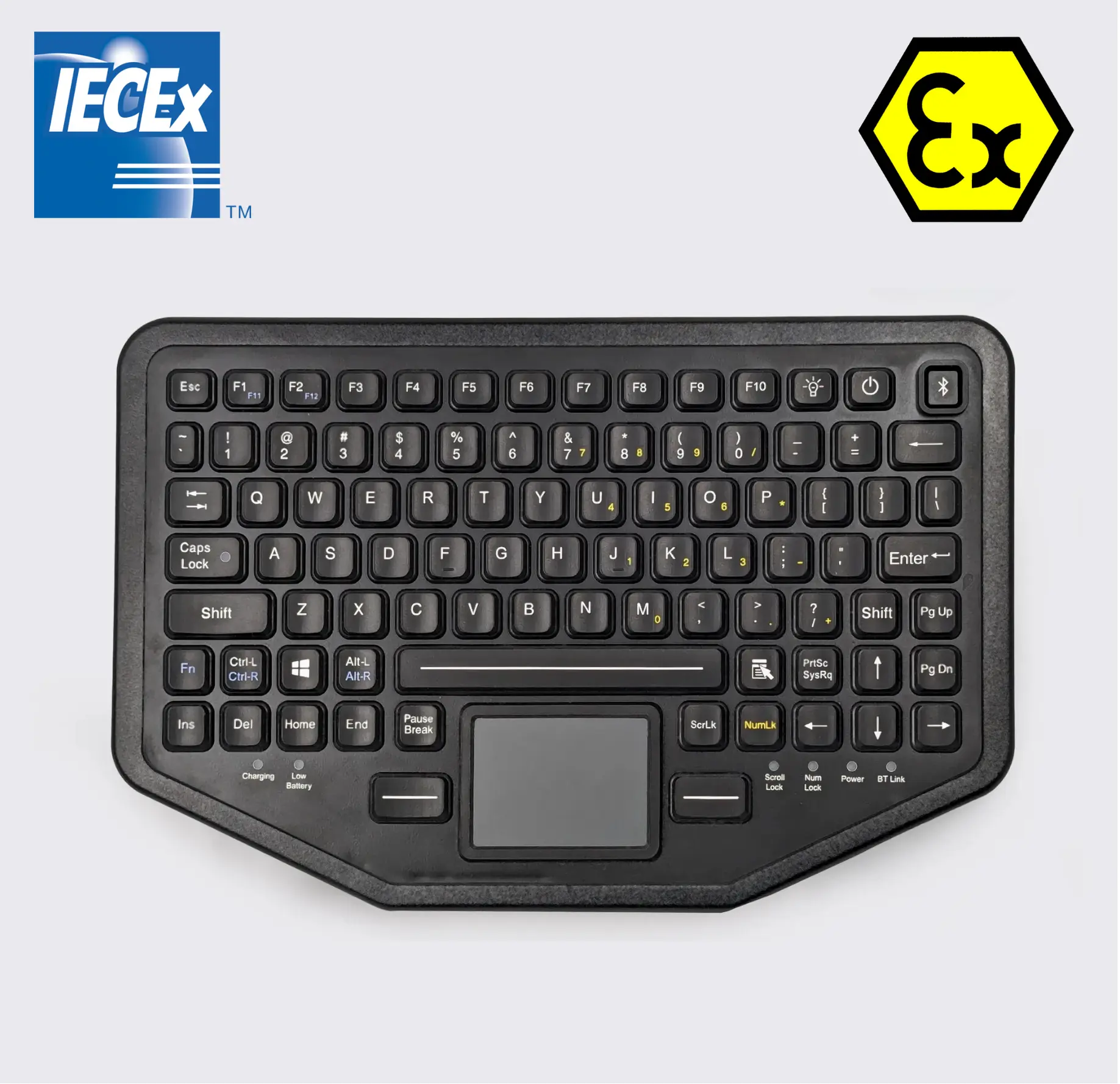 Armadex Ex BT-Key-02 intrinsically safe Bluetooth keyboard with integrated touchpad, certified for ATEX/IECEx Zone 2 and Class I Division 2 hazardous areas.