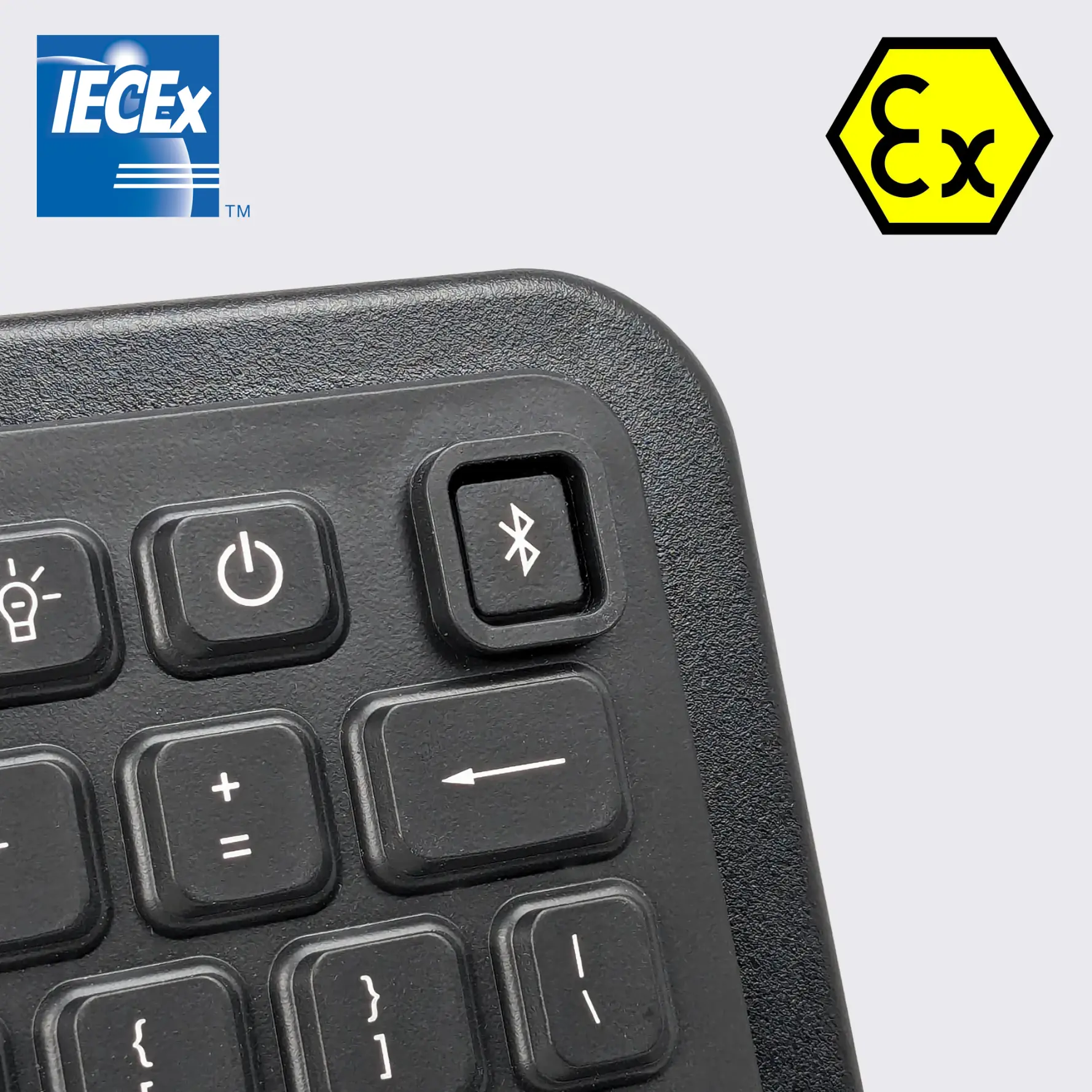 Close-up of the rugged silicone rubber surface and high-precision touchpad on the Armadex explosion-proof wireless keyboard.