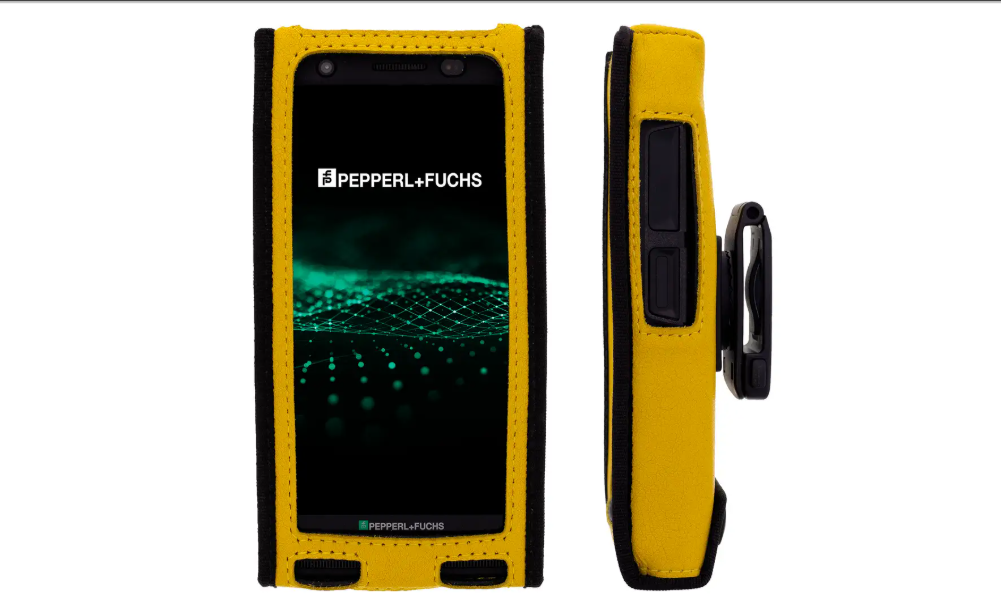 High-visibility yellow leather carrying case for Pepperl+Fuchs Smart-Ex 03 series featuring antistatic foil for hazardous area safety