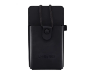 Rugged black leather holster LH-EX S03 for the Smart-Ex 03 intrinsically safe smartphone, featuring a heavy-duty belt loop, integrated stylus pen holder, and fastening eyes for secure use in hazardous oil and gas environments.