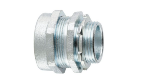 Industrial-grade Crouse-Hinds Type CPR compression connector for rigid and IMC conduit, featuring a threadless malleable iron body with a zinc-plated steel compression nut and locknut for concrete-tight electrical installations.