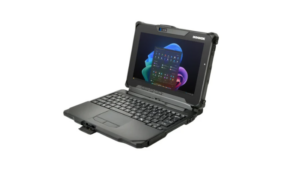 perspective view of a black Durabook R10 rugged tablet docked into its matching detachable membrane keyboard. The tablet screen is active, showing the Windows 11 interface. The keyboard features a reinforced, industrial design with a built-in touchpad and physical mouse buttons. The complete setup reflects a heavy-duty, durable laptop configuration designed for field use.