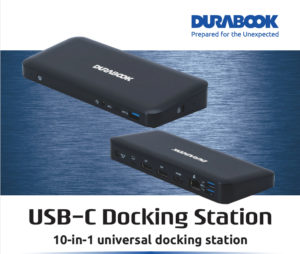 Front angle view of the slim, black Durabook USB-C 10-in-1 Universal Docking Station featuring a compact rectangular design with a universal USB-C/A connection cable for rugged laptops and tablets