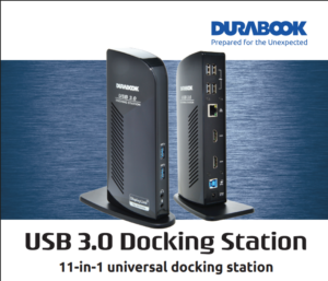 Rugged DURABOOK USB 3.0 universal docking station for oil and gas professionals, featuring dual 1080p monitor support and a space-saving vertical orientation.