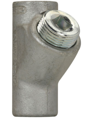 A rugged, industrial Eaton Crouse-Hinds EYS3 conduit sealing fitting made of silver-finished Feraloy iron alloy. The device features a 1-inch female threaded hub, a vertical orientation design, and a large removable threaded plug for compound installation, specifically engineered for explosionproof protection in hazardous areas