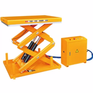 Explosion proof scissor lift with enhanced padded safety rail system (E-PAR) featuring urethane foam bumpers and integrated auto shut-off protection for hazardous industrial environments