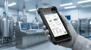 DT362DH C1D2 certified rugged tablet held in a gloved hand, showing the 6-inch sunlight-readable 2K display with an industrial asset management interface in a laboratory setting.