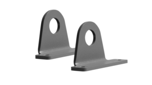 Two industrial-grade, charcoal-grey metal retention brackets for XPL-series tablets, featuring a heavy-duty L-shaped design with a rounded top and a precision-drilled circular mounting hole, positioned against a white background to highlight their rugged construction for hazardous area environments.