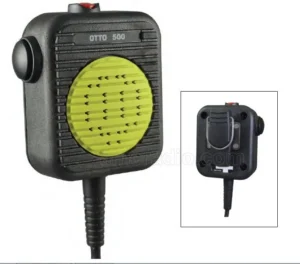 OTTO 500 high-temperature fire-rated speaker microphone featuring a rugged black housing, a prominent circular lime-green debris-protected speaker grille, and a large side-mounted PTT button for glove-heavy oil & gas and firefighting environments.