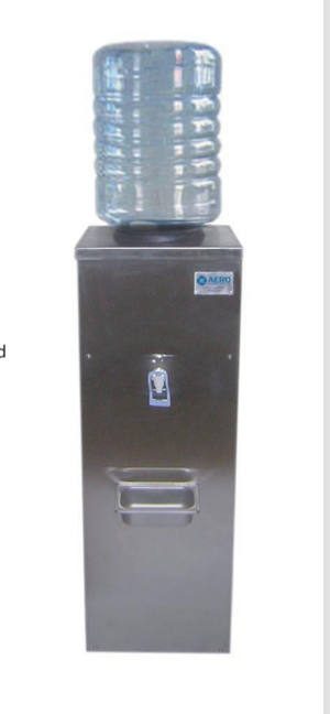 Aero Conditioner industrial bottled-water cooler, showing its sleek, 18-gauge type-316 stainless steel cabinet with a lustrous satin finish. The unit features a single self-closing, no-drip polypropylene valve for dispensing , a recessed drip basin, and a standard large blue water bottle mounted on top. The Aero brand logo and hazardous-duty certification placards are visible on the upper right side of the unit