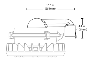A black and white technical line drawing showing the side profile of an Eres (XPR) series hazardous area LED light fixture attached to a 90-degree stanchion mount. The drawing includes dimension lines indicating a horizontal reach of 10.0 inches (255mm) and a mounting arm height of 4.1 inches (105mm)