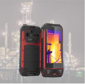 Aegex620TC™ intrinsically safe thermal imaging smartphone shown with front thermal display and ruggedized rear casing against an industrial plant background.