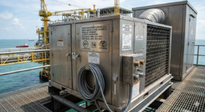 stainless steel Aero Conditioner Company LWCHN-120-ADE-316-MOD-C1 packaged air conditioner on an offshore rig, with explicit certifications (D1 GROUPS C&D, AMCA C)