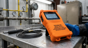 A high-visibility orange TEGAM 720-915 Intrinsically Safe SureGrip Cover fitted onto a handheld digital bond meter. The rugged, non-silicone elastomer boot features a textured grip and is displayed on a metal industrial workbench within a hazardous-area facility, featuring pipes and pressure gauges in the background.