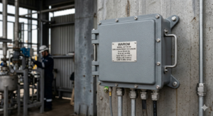 WAROM BXT-W Series Explosion-proof Enclosure installed on a concrete wall in an industrial oil and gas facility, featuring a flameproof copper-free aluminum body and ATEX/IECEx certification nameplate