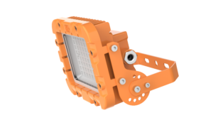 A rugged, industrial-grade ROKEE EP-02-G22 LED explosion-proof light fixture featuring a durable yellow aluminum housing and a heavy-duty adjustable mounting bracket. The light has a square face with a reinforced glass lens and visible cooling fins for heat dissipation.
