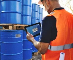 AegexScan barcode scanning software interface on intrinsically safe mobile device used in hazardous area industrial environment