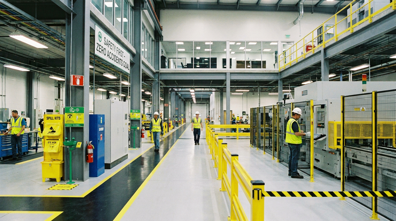 A modern industrial facility with clear safety markings and equipment.