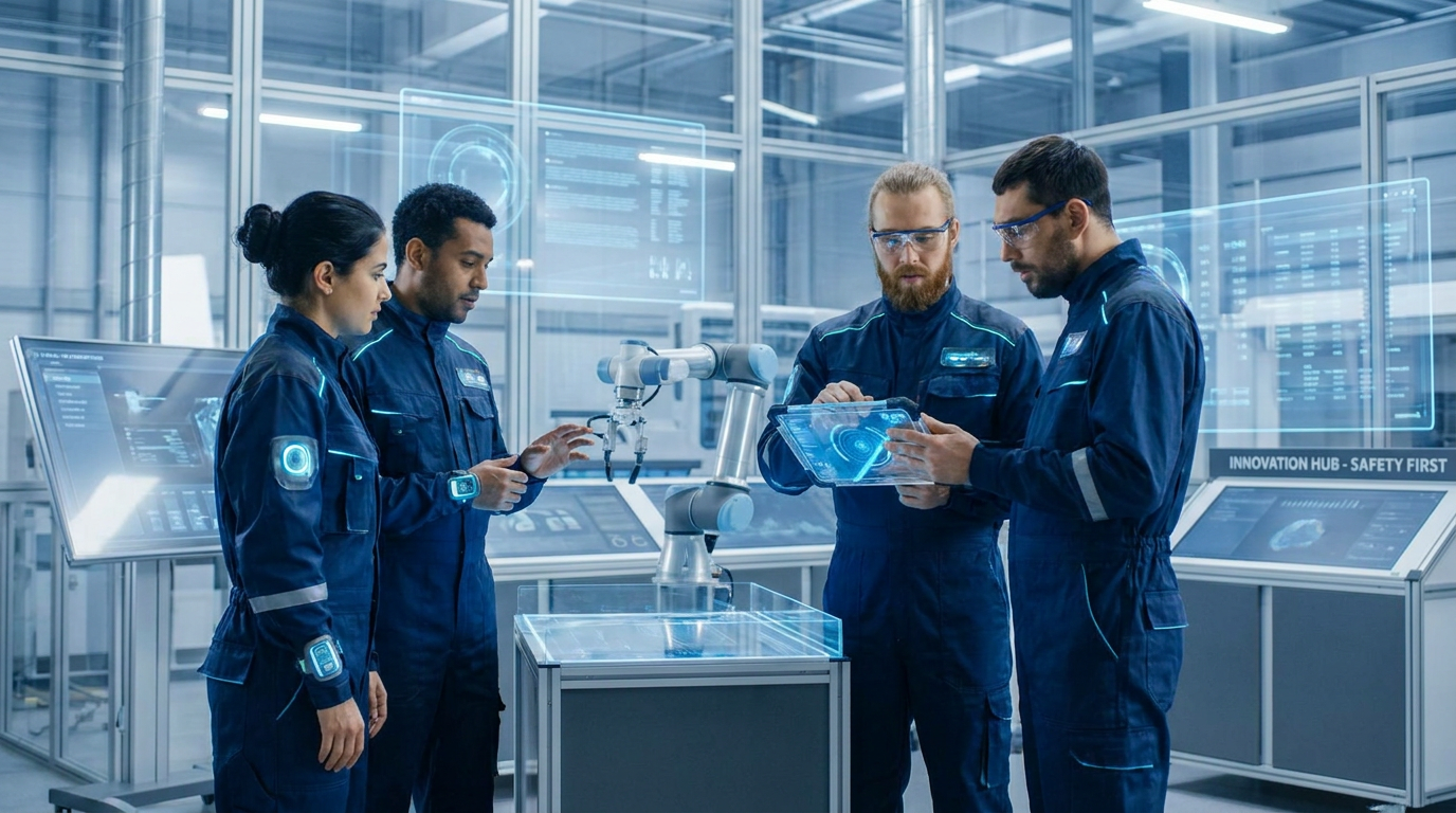 A team of engineers working in a high-tech industrial facility with advanced intrinsically safe devices.