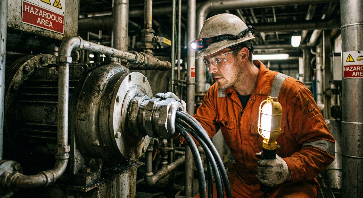 A technician inspecting a cable gland on a large piece of industrial equipment in a hazardous area.