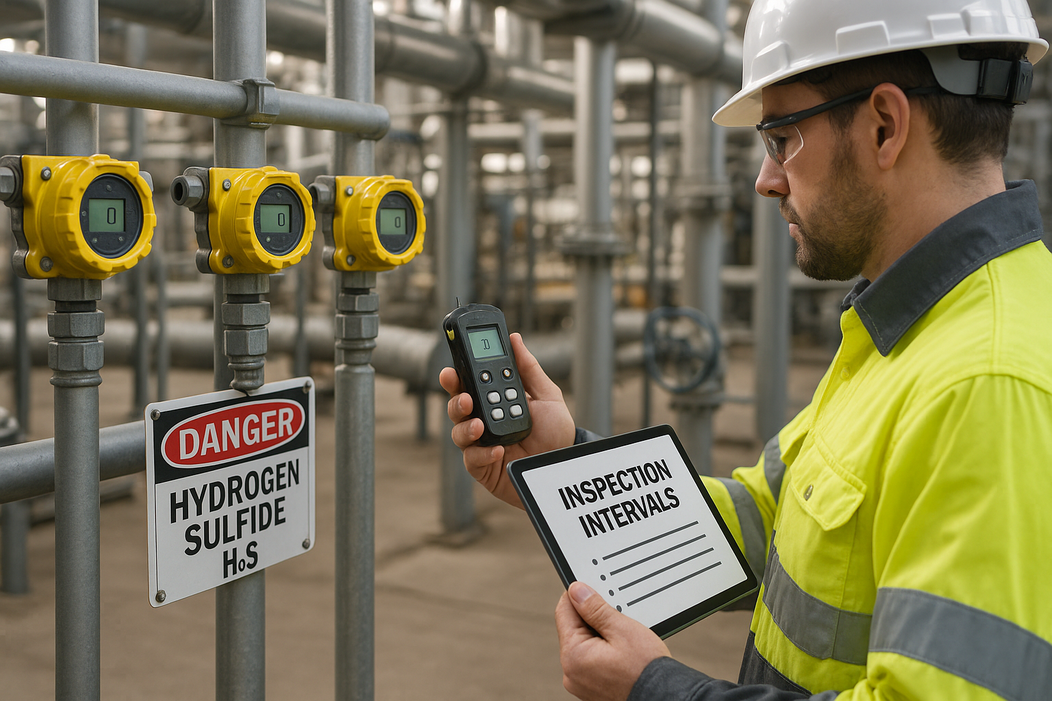 Technician inspecting fixed and portable gas detectors in an industrial plant