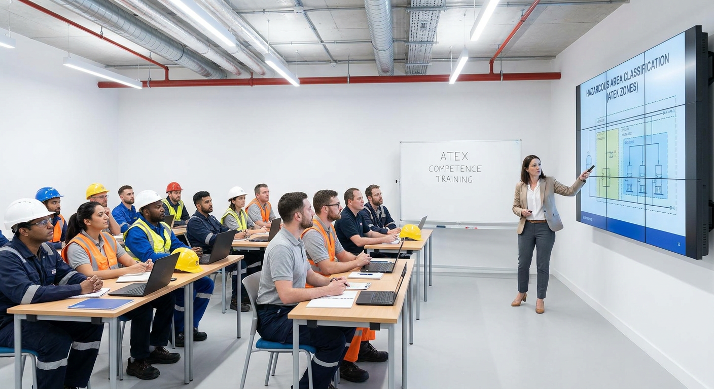 A professional training session in a modern classroom about ATEX competence.